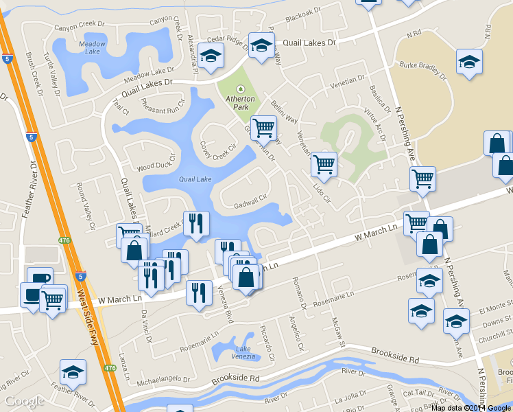 map of restaurants, bars, coffee shops, grocery stores, and more near 5035 Gadwall Circle in Stockton