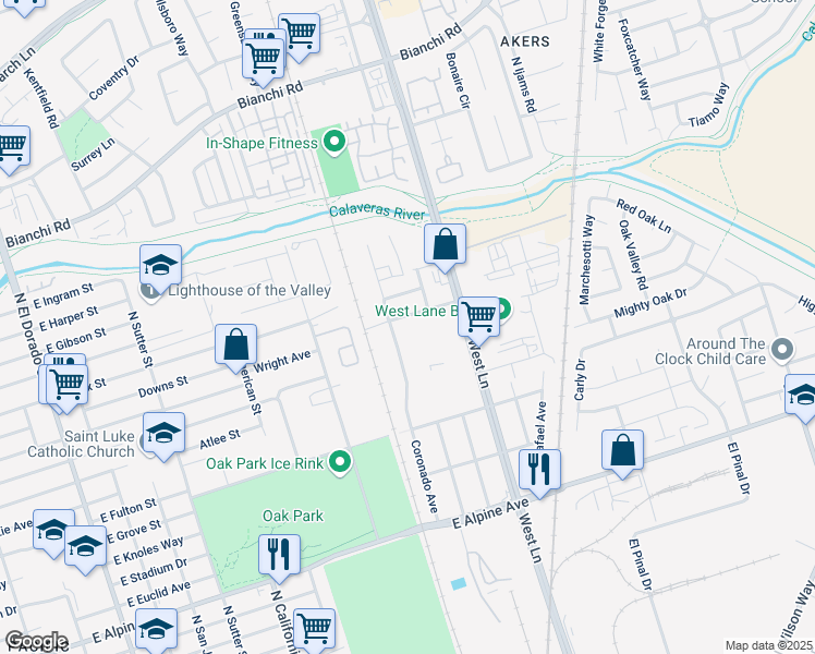 map of restaurants, bars, coffee shops, grocery stores, and more near 4025-4033 Coronado Ave in Stockton