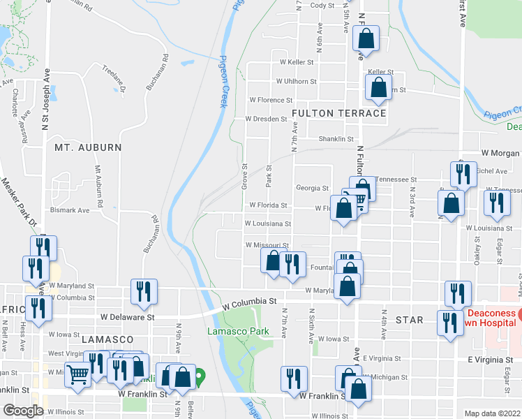 map of restaurants, bars, coffee shops, grocery stores, and more near 1606 West Florida Street in Evansville