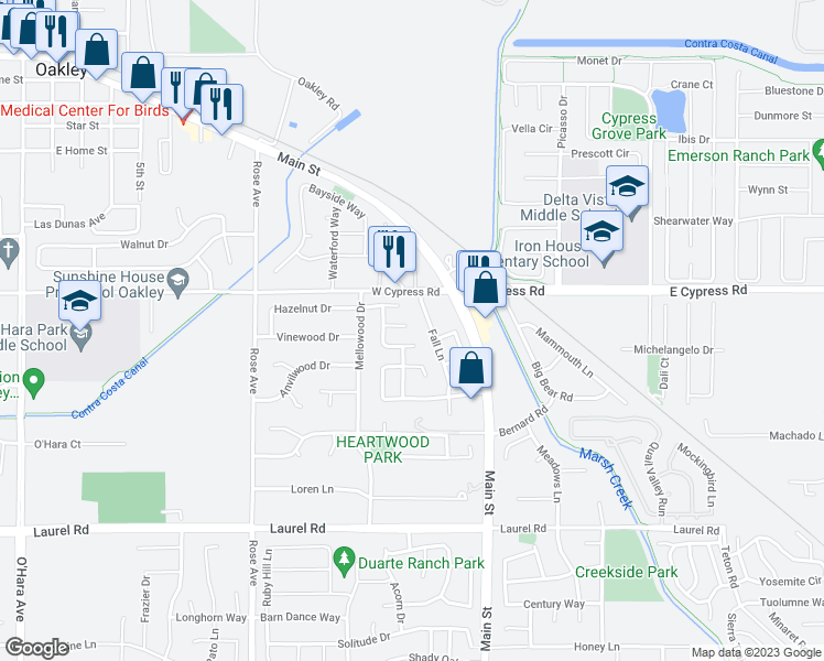 map of restaurants, bars, coffee shops, grocery stores, and more near 327 Filbert Court in Oakley