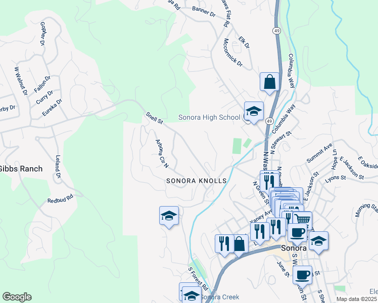 map of restaurants, bars, coffee shops, grocery stores, and more near 482 Snell Street in Sonora
