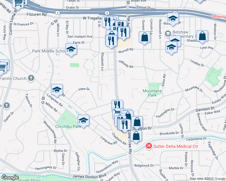 map of restaurants, bars, coffee shops, grocery stores, and more near 3260 Lone Tree Way in Antioch