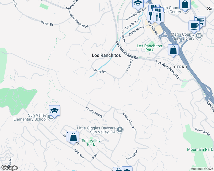 map of restaurants, bars, coffee shops, grocery stores, and more near 10 Poco Paso in San Rafael