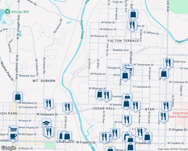 map of restaurants, bars, coffee shops, grocery stores, and more near 1527 West Louisiana Street in Evansville