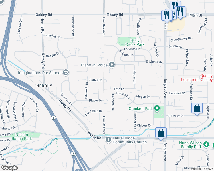map of restaurants, bars, coffee shops, grocery stores, and more near 4430 Live Oak Avenue in Oakley