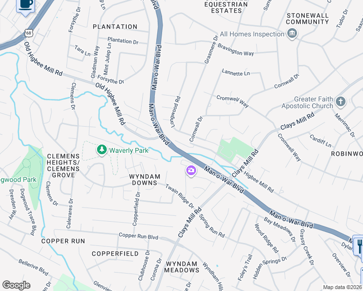 map of restaurants, bars, coffee shops, grocery stores, and more near 1580 Higbee Mill Road in Lexington