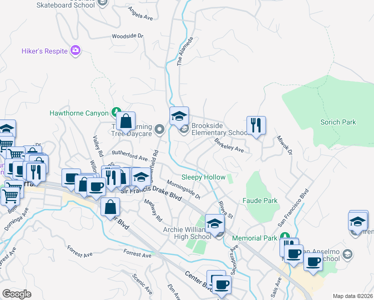 map of restaurants, bars, coffee shops, grocery stores, and more near 203 Brookside Drive in San Anselmo