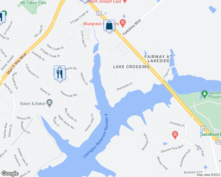 map of restaurants, bars, coffee shops, grocery stores, and more near 297 Shoreside Drive in Lexington