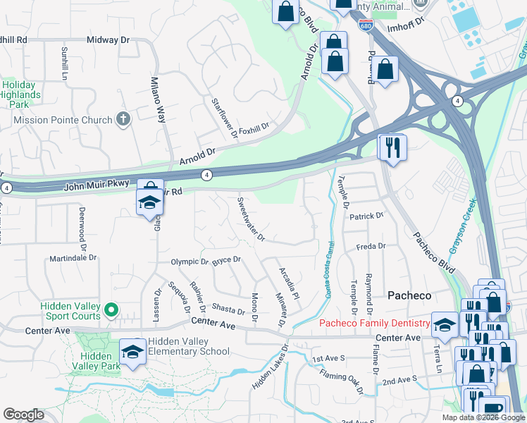 map of restaurants, bars, coffee shops, grocery stores, and more near 2297 Stillcreek Court in Martinez