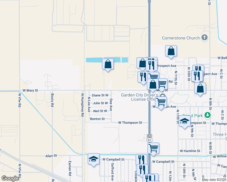 map of restaurants, bars, coffee shops, grocery stores, and more near 2560 Dee Avenue in Garden City