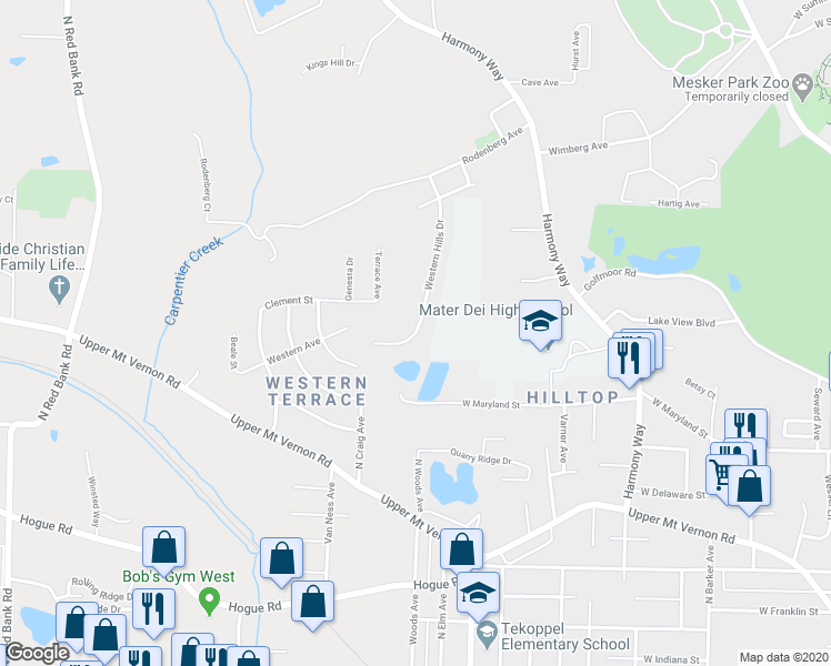 map of restaurants, bars, coffee shops, grocery stores, and more near 1150 Western Hills Drive in Evansville