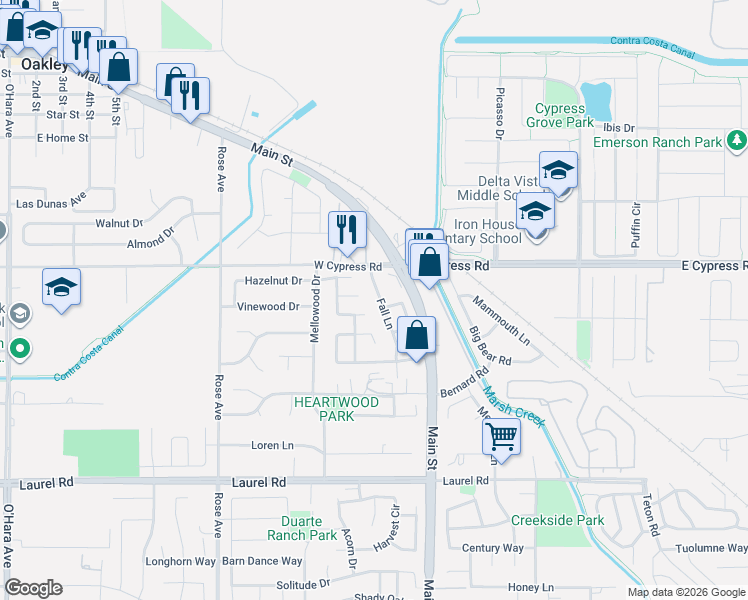 map of restaurants, bars, coffee shops, grocery stores, and more near 4465 Fall Lane in Oakley