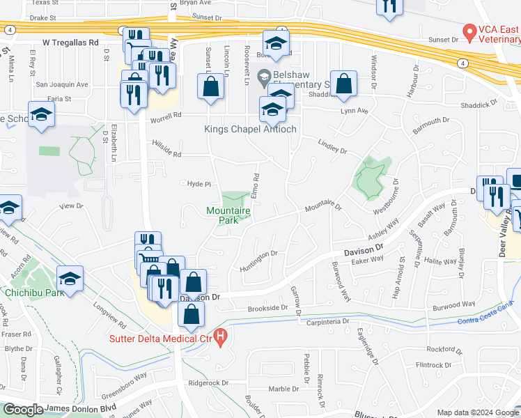 map of restaurants, bars, coffee shops, grocery stores, and more near 3111 Greenridge Court in Antioch