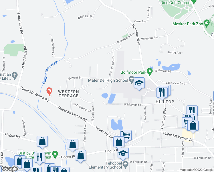 map of restaurants, bars, coffee shops, grocery stores, and more near 1152 Western Hills Drive in Evansville