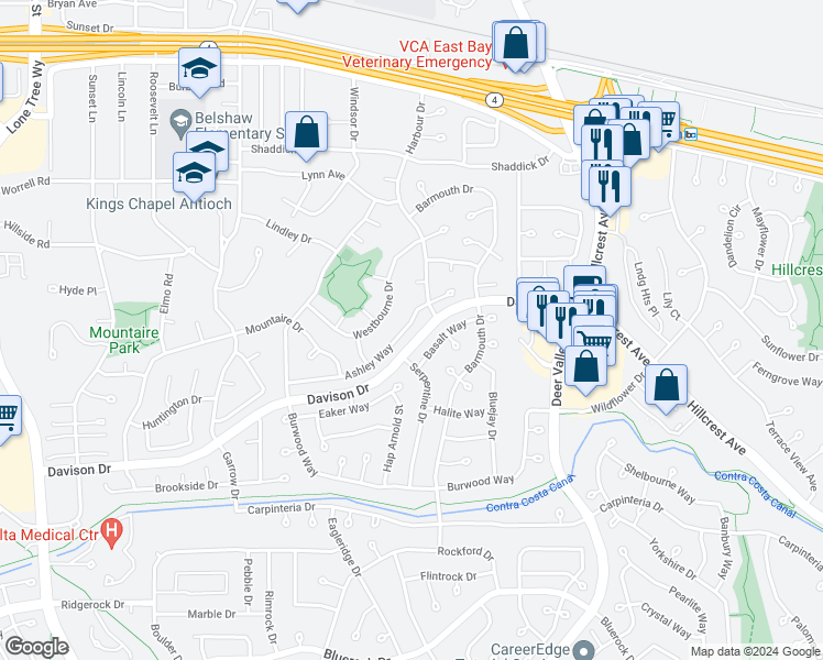map of restaurants, bars, coffee shops, grocery stores, and more near 3122 Ashley Way in Antioch