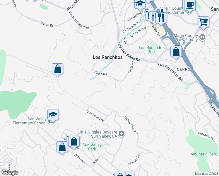 map of restaurants, bars, coffee shops, grocery stores, and more near 10 Poco Paso in San Rafael