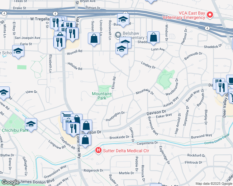 map of restaurants, bars, coffee shops, grocery stores, and more near 3111 Greenridge Court in Antioch