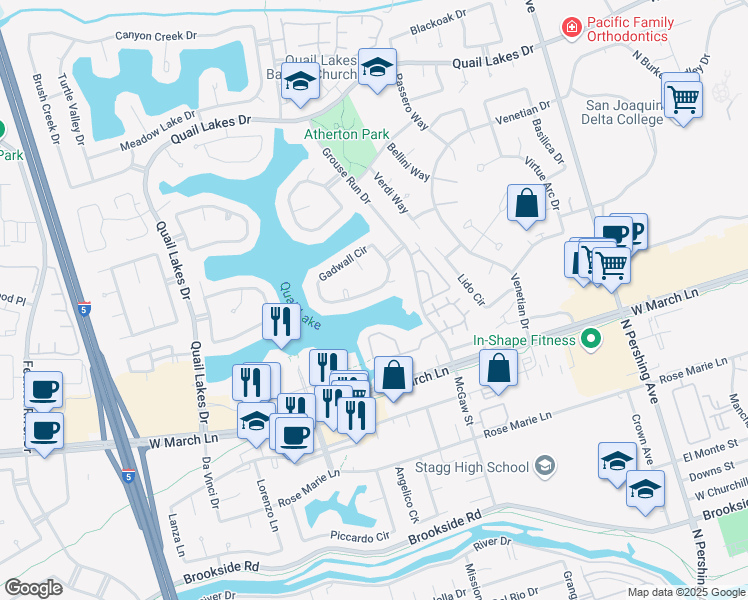 map of restaurants, bars, coffee shops, grocery stores, and more near 5031 Gadwall Circle in Stockton