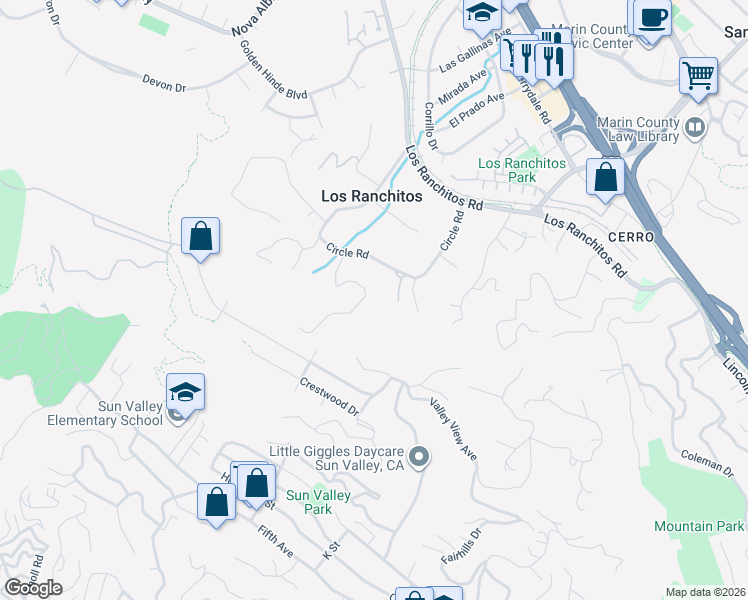 map of restaurants, bars, coffee shops, grocery stores, and more near 10 Poco Paso in San Rafael