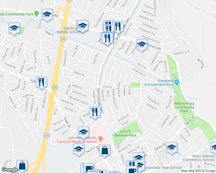 map of restaurants, bars, coffee shops, grocery stores, and more near N 6th St & Ida Dr in Concord