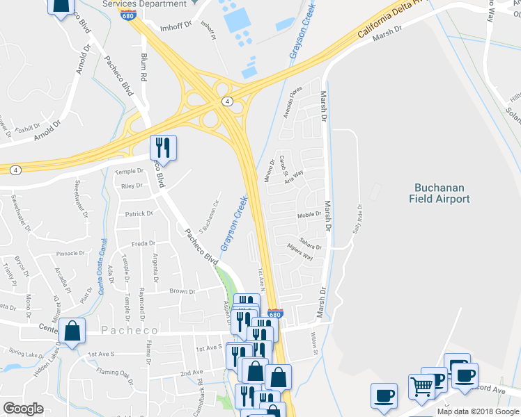 map of restaurants, bars, coffee shops, grocery stores, and more near Senator Daniel E. Boatwright Hwy in Martinez