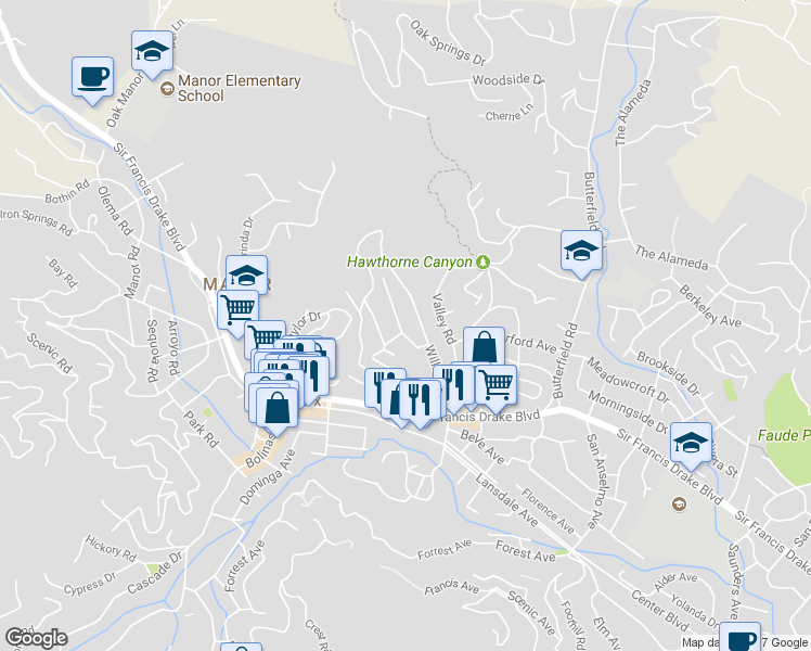map of restaurants, bars, coffee shops, grocery stores, and more near 34 Maple Avenue in Fairfax