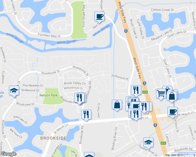 map of restaurants, bars, coffee shops, grocery stores, and more near 3767 Whispering Creek Circle in Stockton