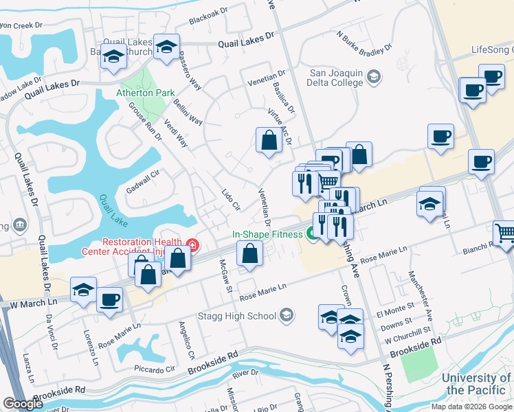map of restaurants, bars, coffee shops, grocery stores, and more near 2305 Lido Circle in Stockton