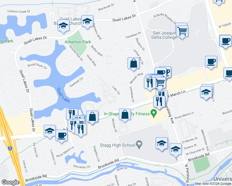 map of restaurants, bars, coffee shops, grocery stores, and more near 2263 Lido Circle in Stockton