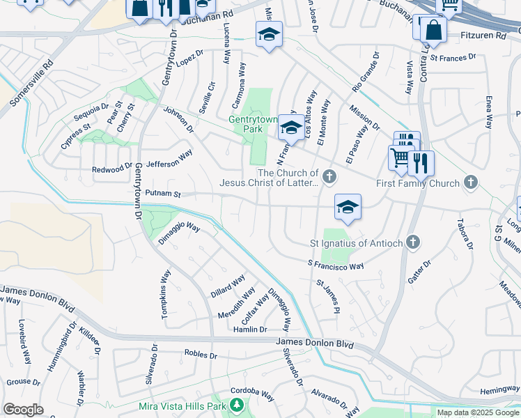 map of restaurants, bars, coffee shops, grocery stores, and more near 3113 Van Buren Place in Antioch