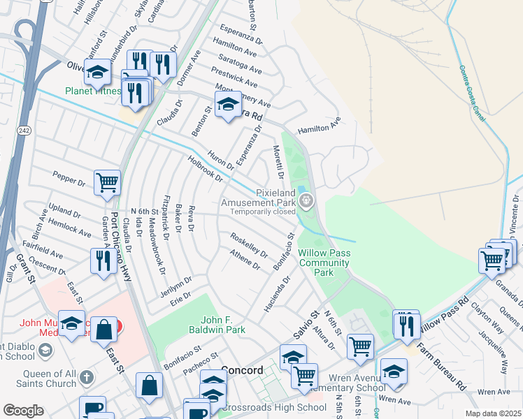 map of restaurants, bars, coffee shops, grocery stores, and more near 2137 Dena Drive in Concord