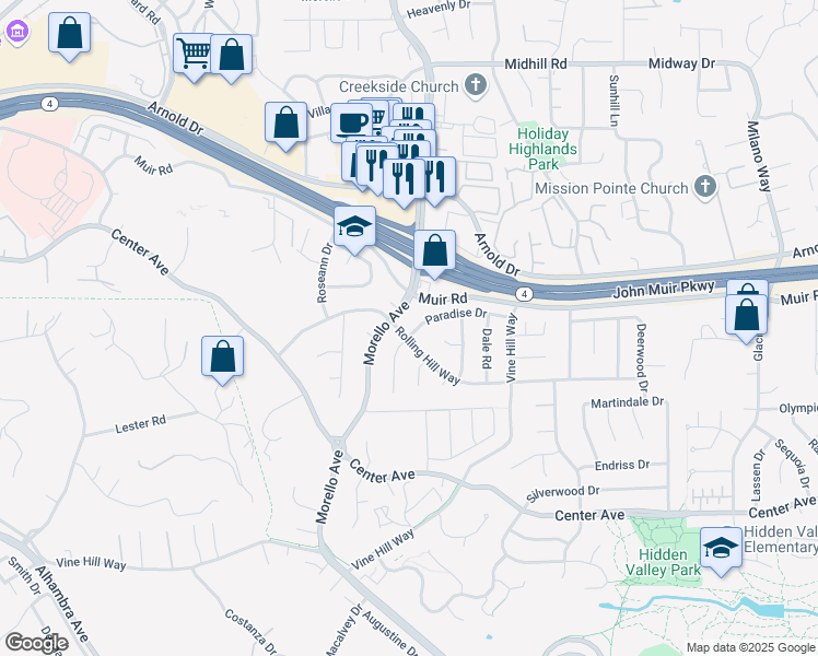 map of restaurants, bars, coffee shops, grocery stores, and more near 1197 Rolling Hill Way in Martinez