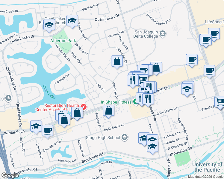 map of restaurants, bars, coffee shops, grocery stores, and more near 2305 Lido Circle in Stockton