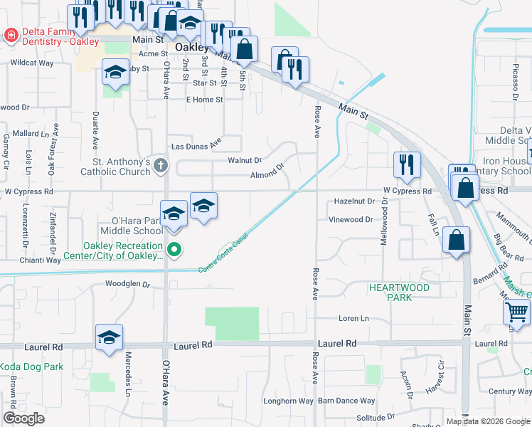 map of restaurants, bars, coffee shops, grocery stores, and more near 25 Christine Lane in Oakley