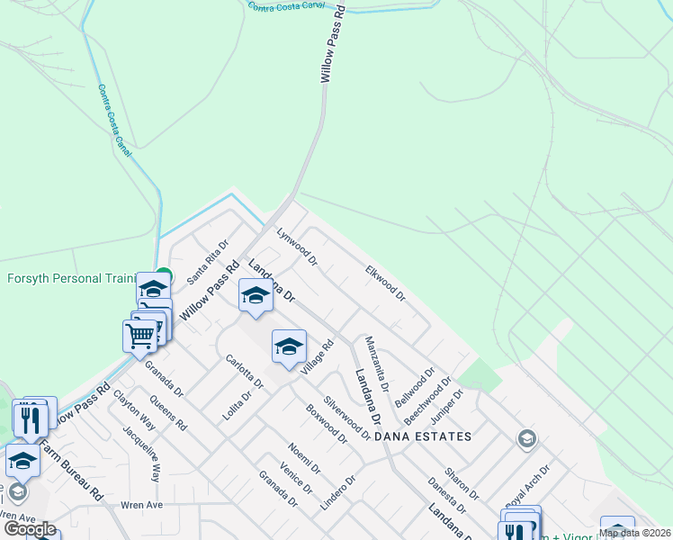 map of restaurants, bars, coffee shops, grocery stores, and more near 1872 Lynwood Drive in Concord