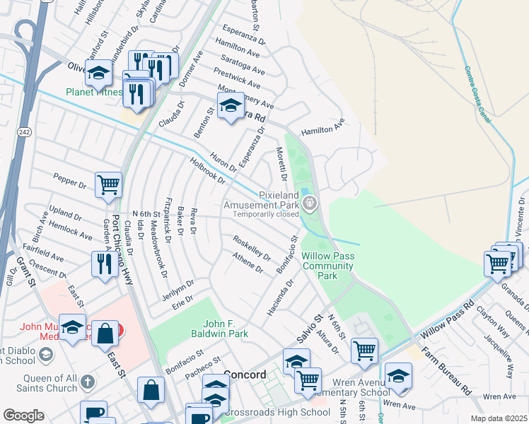 map of restaurants, bars, coffee shops, grocery stores, and more near 2137 Dena Drive in Concord