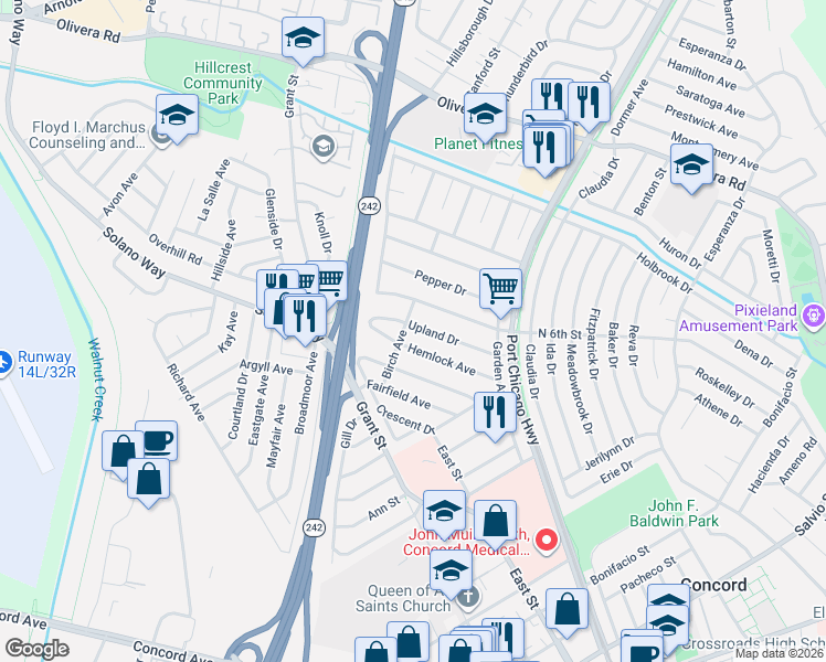 map of restaurants, bars, coffee shops, grocery stores, and more near 2357 Hemlock Avenue in Concord
