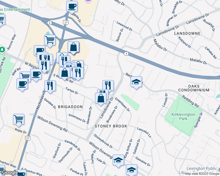map of restaurants, bars, coffee shops, grocery stores, and more near 3497 Lansdowne Drive in Lexington