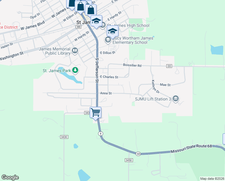 map of restaurants, bars, coffee shops, grocery stores, and more near 208 Anna Street in Saint James