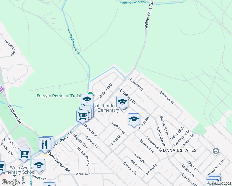 map of restaurants, bars, coffee shops, grocery stores, and more near 3820 Willow Pass Road in Concord