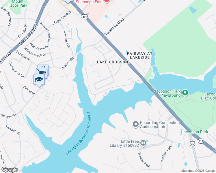 map of restaurants, bars, coffee shops, grocery stores, and more near 369 Shoreside Drive in Lexington