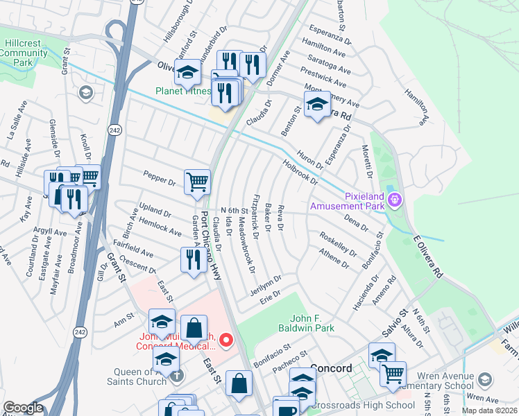 map of restaurants, bars, coffee shops, grocery stores, and more near 3195 Fitzpatrick Drive in Concord