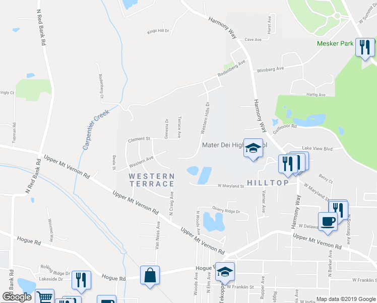 map of restaurants, bars, coffee shops, grocery stores, and more near 1006 Western Hills Drive in Evansville