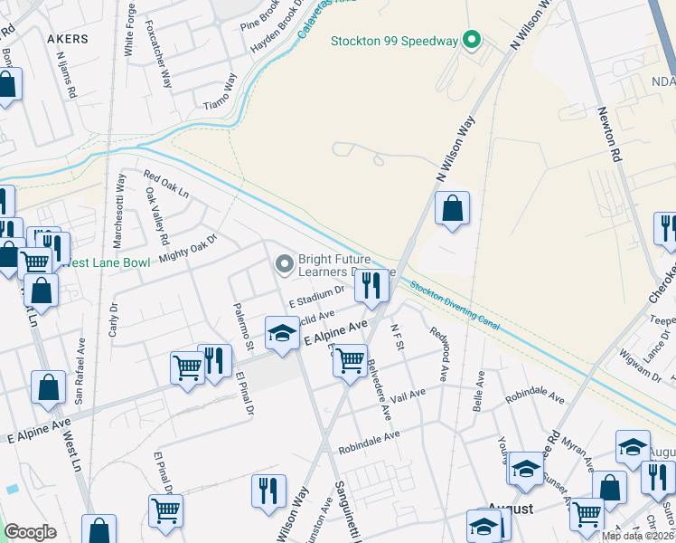 map of restaurants, bars, coffee shops, grocery stores, and more near 3509 Higgins Avenue in Stockton