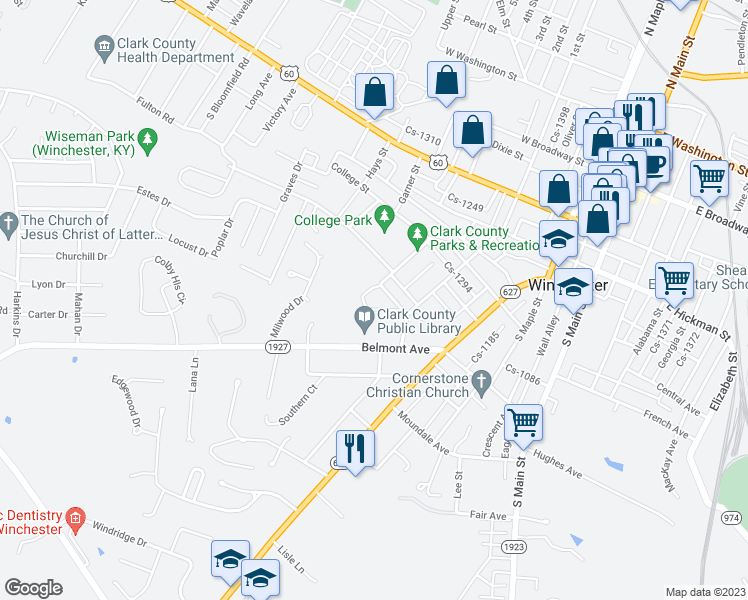 map of restaurants, bars, coffee shops, grocery stores, and more near 30 Beckner Street in Winchester