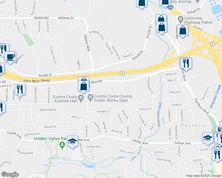 map of restaurants, bars, coffee shops, grocery stores, and more near 22 Fountainhead Court in Martinez