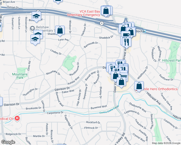 map of restaurants, bars, coffee shops, grocery stores, and more near 901 Basalt Way in Antioch