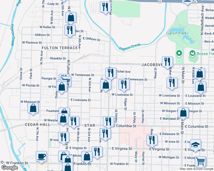 map of restaurants, bars, coffee shops, grocery stores, and more near 1209 North First Avenue in Evansville