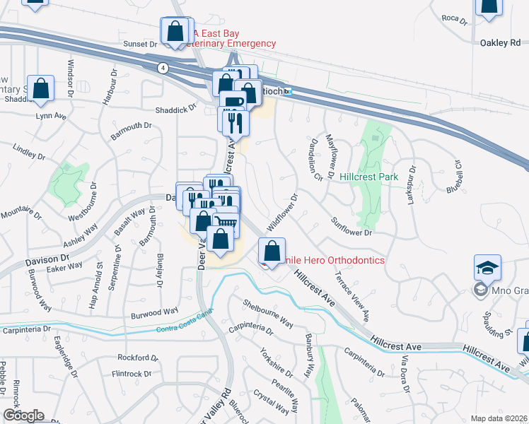 map of restaurants, bars, coffee shops, grocery stores, and more near 3300 Hillcrest Avenue in Antioch