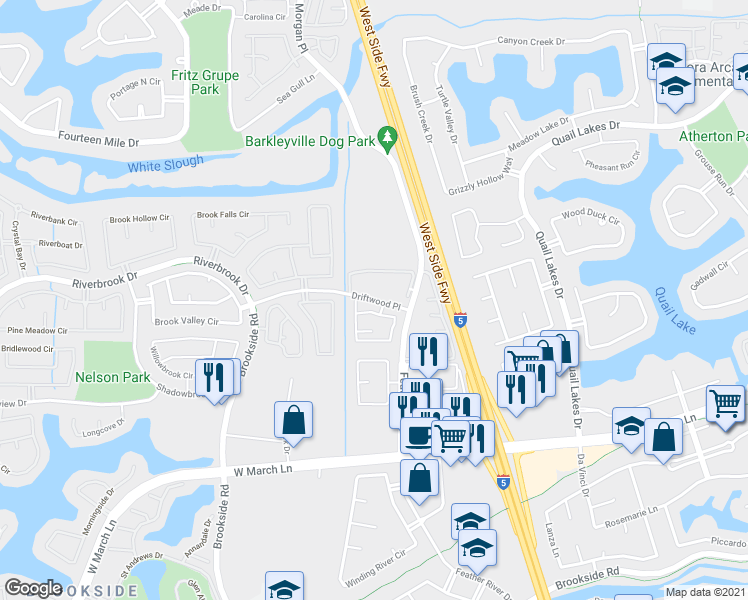 map of restaurants, bars, coffee shops, grocery stores, and more near 2977 Driftwood Place in Stockton